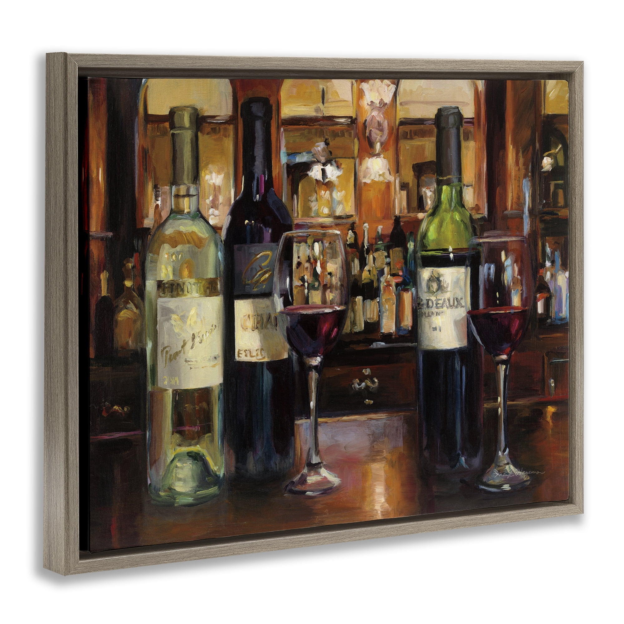 Stupell Industries Reflection of Wine Bottles Food & Beverage Painting Brown Floater Framed Canvas Art Print Wall Art, 21 x 17