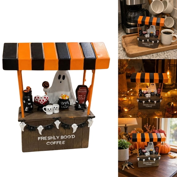 huayou Halloween Ghost Coffee Cart Tabletop Decor, FRESHLY BOO'D Coffee Booth Figurine for Mantel Shelf Home Party Spooky Season Decor Gift