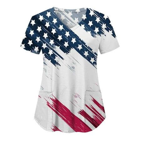 

Women Scrub Tops Summer Independence Day Printed Care V-Neck T Shirt Female Dailywear