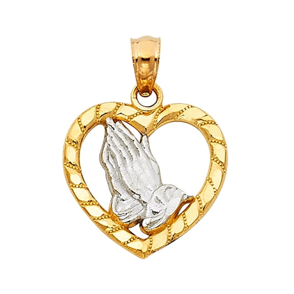 14K 2T Gold Religious Praying Hands in Heart Pendant | Two Tone Gold Charm Pendant for Necklace Chain | Gift for Men Women | 15 x 16 MM | 1.2 grams