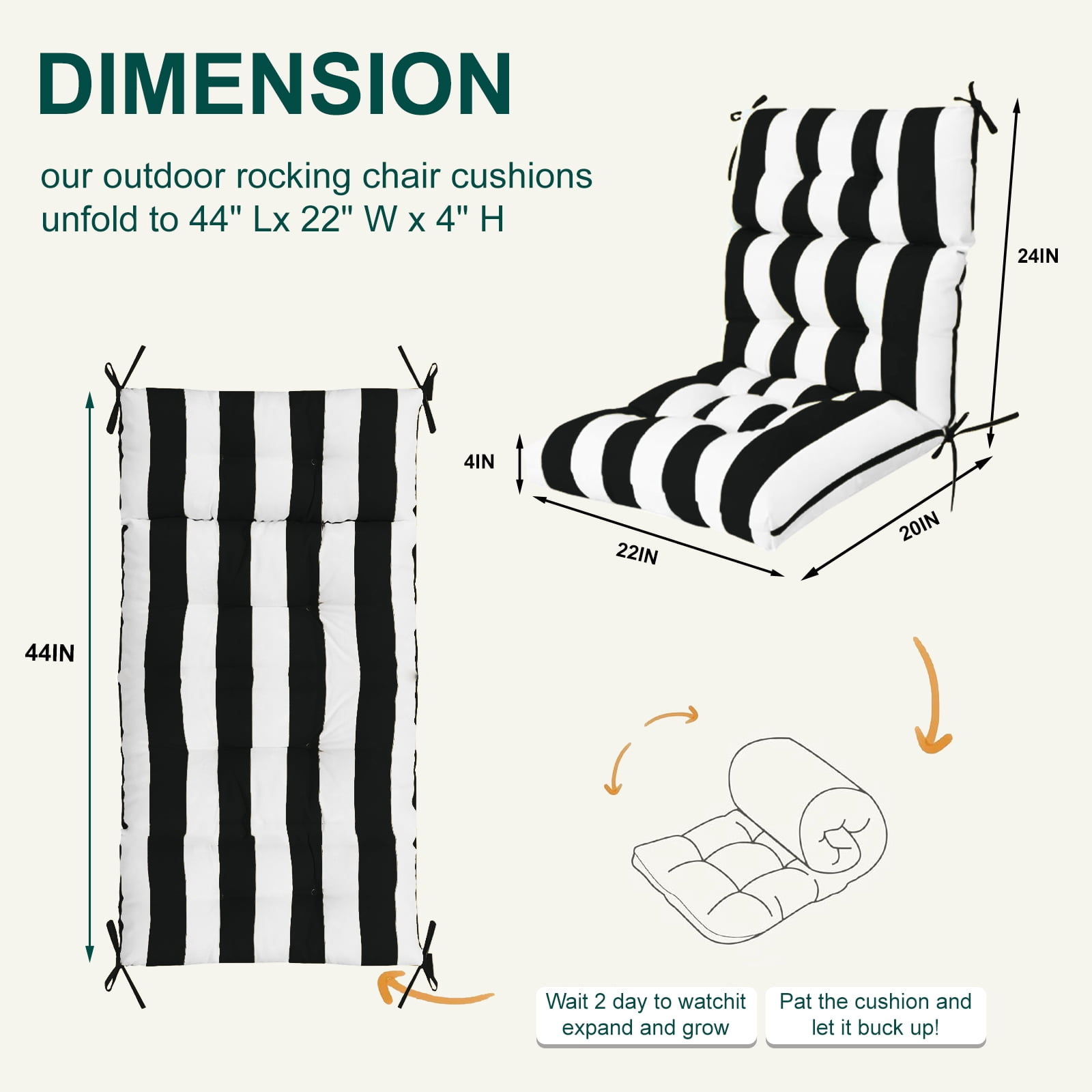 XXLYY Outdoor High Back Chair Cushions 2-Pack, 44”x22”x4” Waterproof Fade-Resistant Cushions with Ties for Adirondack & Rocking Chairs