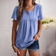 thumbnail image 5 of Camiseta informal de verano con cuello en U y mangas cortas con volantes y ribete de botones en la parte superior del busto plisado para mujer, 5 of 7