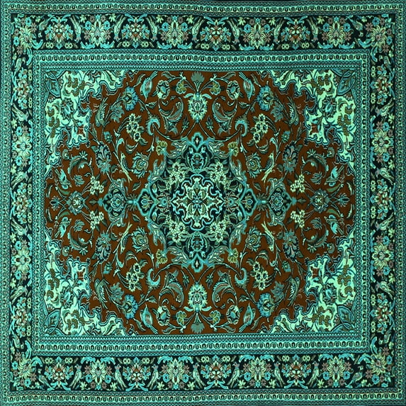 Ahgly Company Indoor Square Medallion Turquoise Blue Traditional Area Rugs, 7' Square