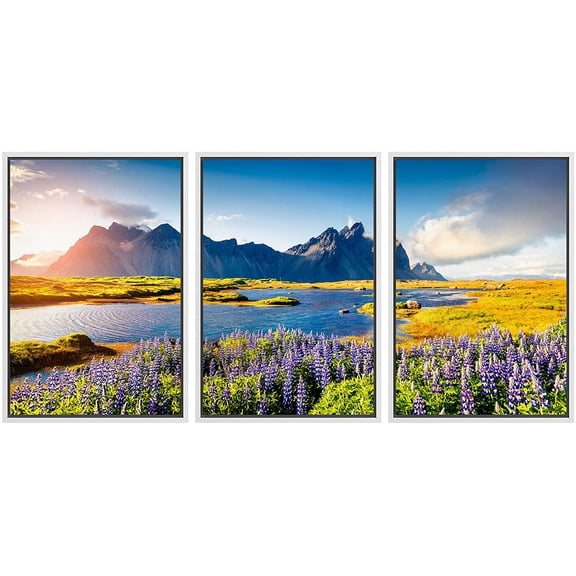 wall26 Framed Canvas Print Wall Art Set Vibrant Lavender Flower Mountain Lake Nature Wilderness Photography Realism Decorative Landscape Colorful for Living Room, Bedroom, Office - 16"x24"x