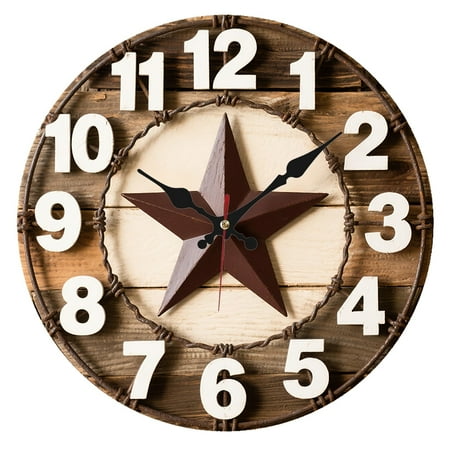 1pc Texas Star Wooden Wall Clock - Vintage Rustic Farmhouse Decor, Round Wood Clock with Large Bold Numbers & Star Design, Battery Operated (AAA Not Included) - Perfect for Bedroom, Living Room,