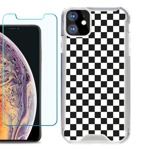 For Apple iPhone 11 Case, Hybrid Bumper Phone Case, with Tempered Glass Screen Protector, by OneToughShield ® - Checker B/W
