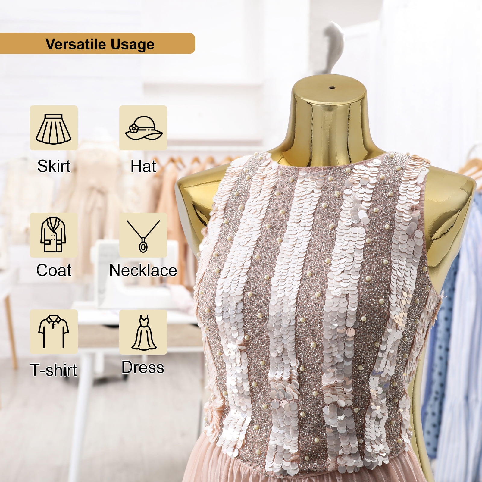 Female Mannequin Dress Form Torso - Manikin Body with Metal Stand Height Adjustable, Display Mannequin Body for Sewing Clothes (40-75Inch, Golden)