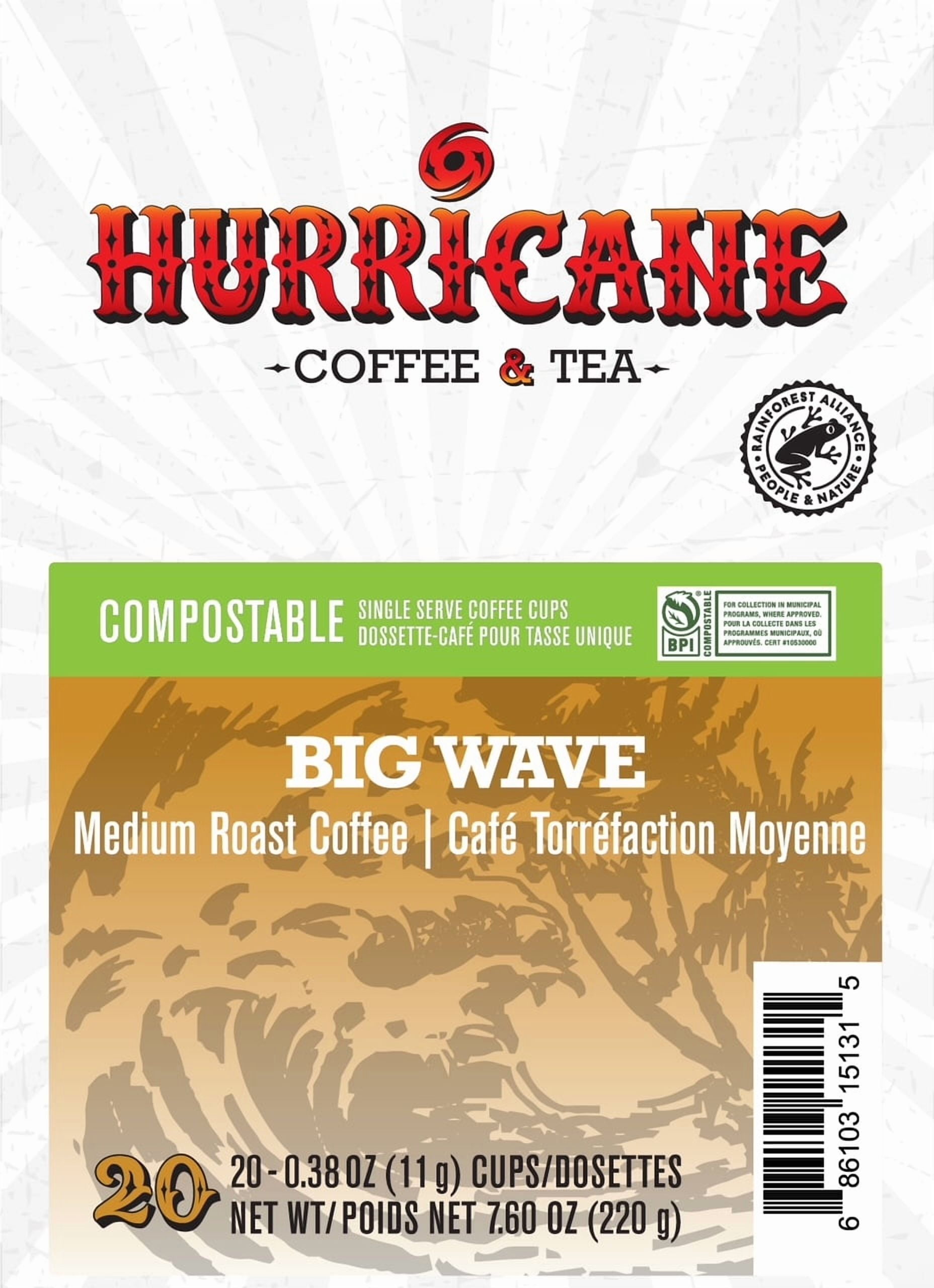 Hurricane Coffee Big Wave Medium Roast Coffee, Compostable Single Cup Coffee Pods Compatible with Keurig K-Cup Brewers, 20 Count
