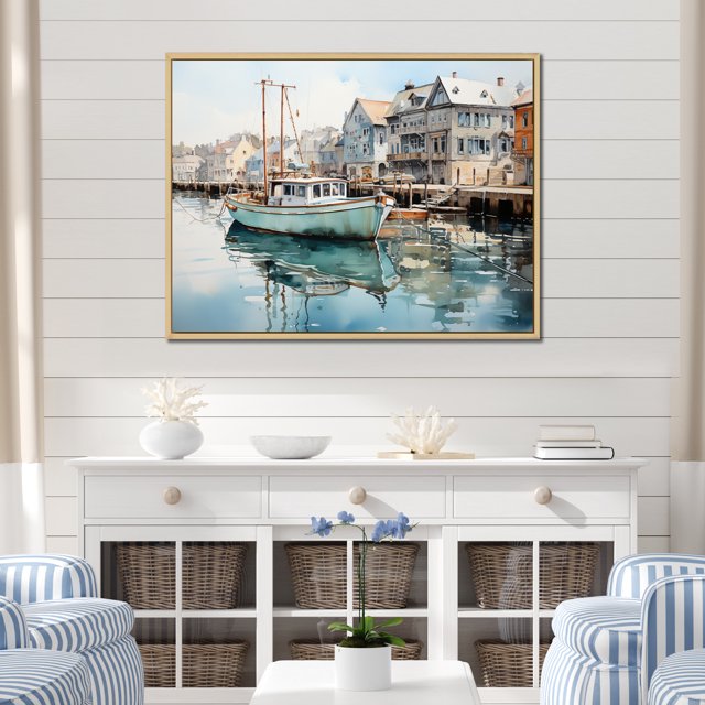 Designart coastal port framed wall art decor, Port Landscape Coastal framed wall Art, Reflective Moments at the Harbor Port IX , Turquoise Large Traditional Natural framed wall art