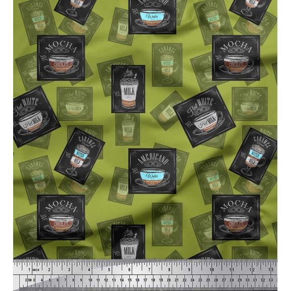 Soimoi Green Poly Georgette Fabric Mocha & Caramel Coffee Beverages Print Sewing Fabric Yard 42 Inch Wide