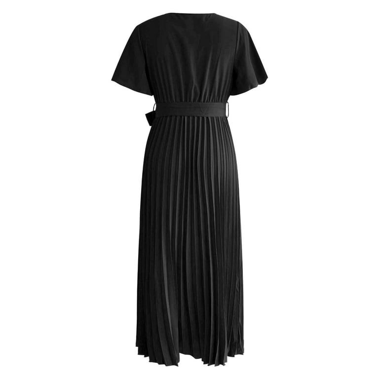 strapless open back dress Tied Surplice Cap Sleeve Pleated Dress Black / L