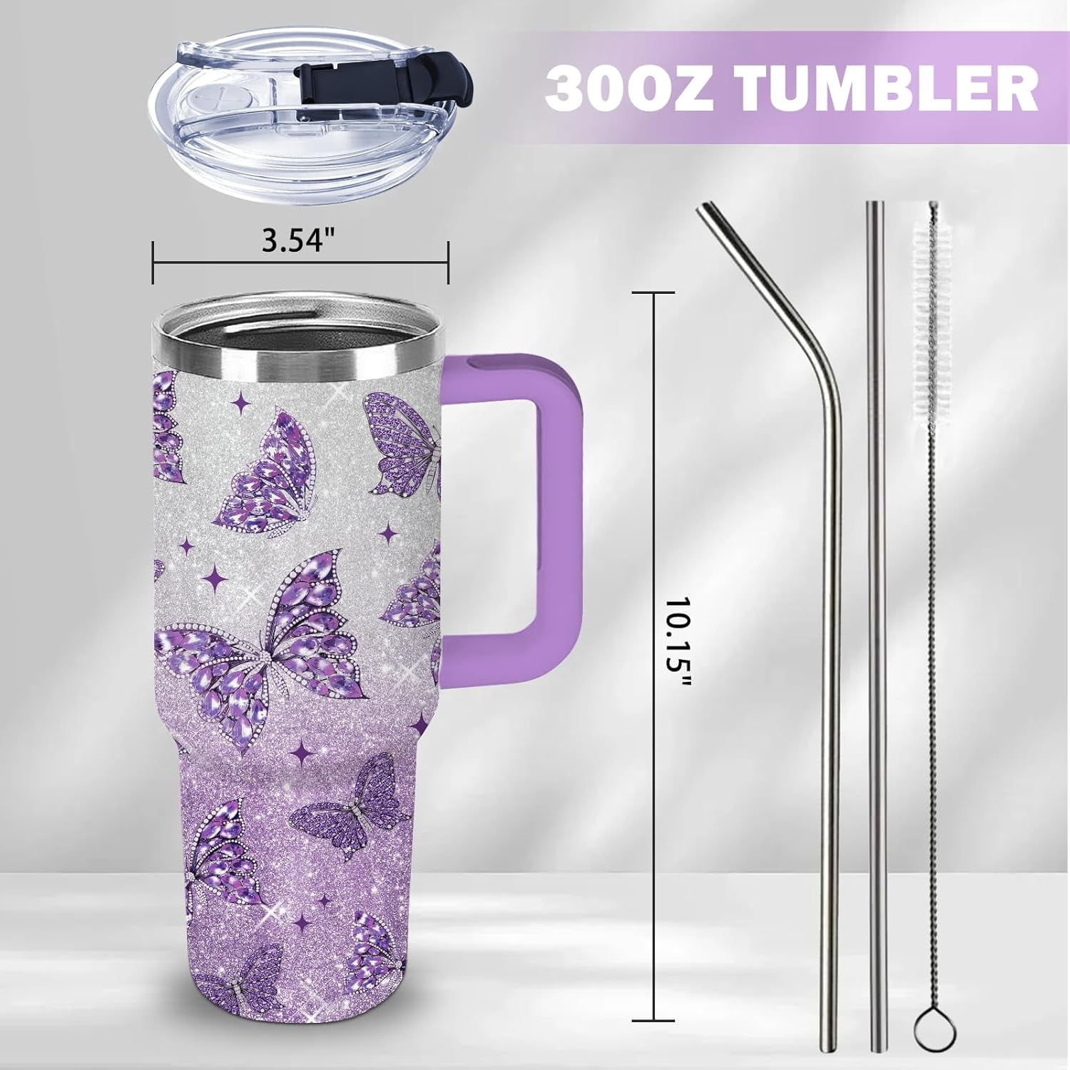 Butterfly Gifts for Women 30oz Purple Butterfly Tumbler with Handle and Straws Stainless Steel Insulated Travel Coffee Mugs, Leak-Proof, Birthday Christmas Gifts for butterflies Lover Water Cup