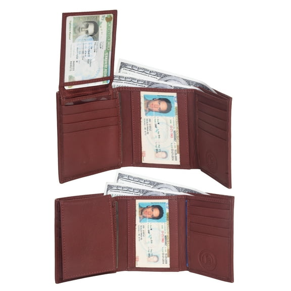 Mens Flap Up ID Trifold Genuine Leather Wallet, Brown