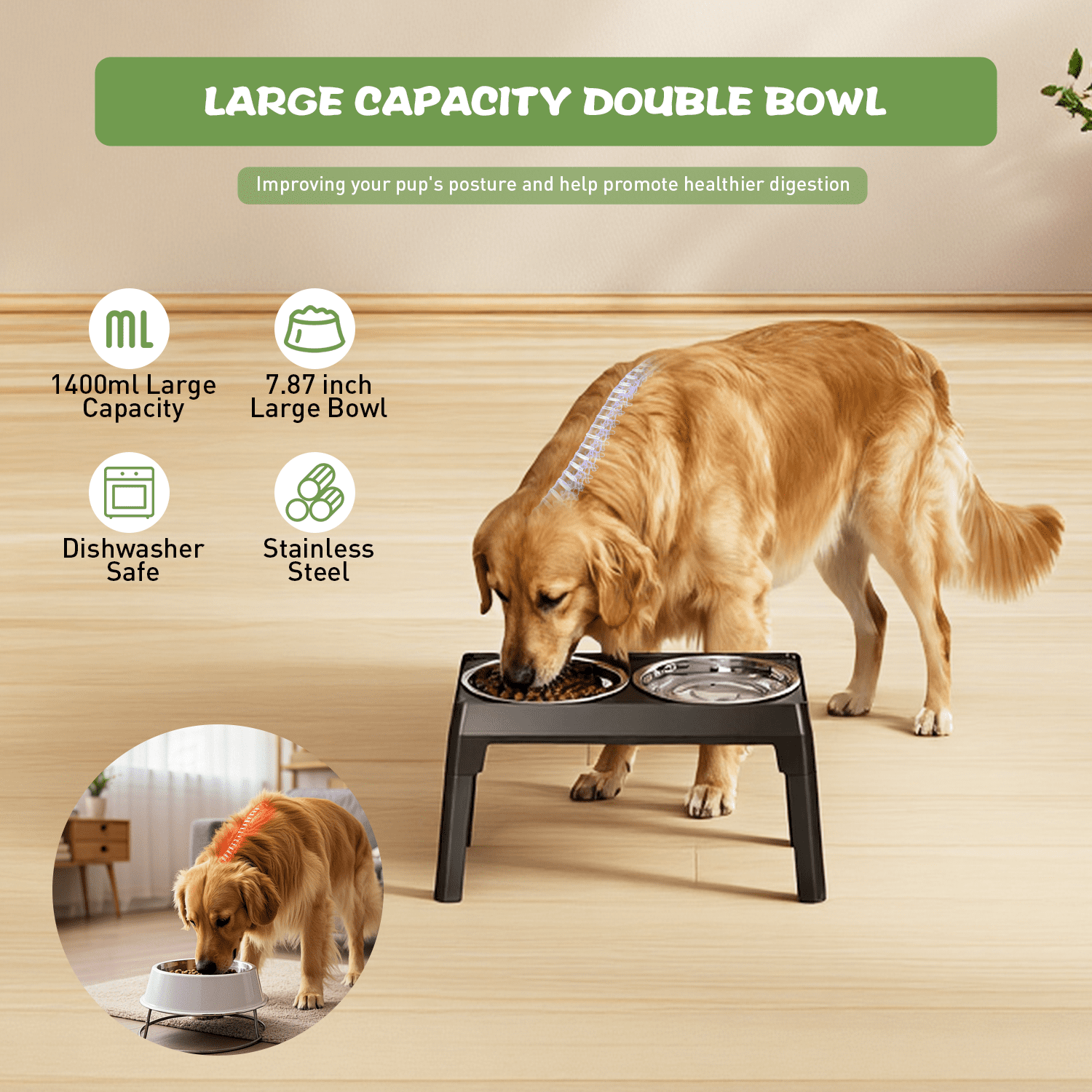 ABSOKE Elevated Dog Bowls - 5 Heights Adjustable Raised Dog Food Bowls with 2 Stainless Steel for Small Medium Large Dogs Cats