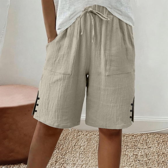 OSFVNOXV 100% Cotton Shorts for Women Summer Casual Elastic Waist Buttons with Drawstring Knee Length Running Shorts