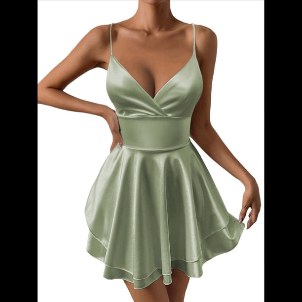 Vestido de Satén con Tirantes Finos para Mujer, Sin Mangas, Escote Bajo, Sin Espalda, Mono Corto de Fiesta. Amarillo-Verde M