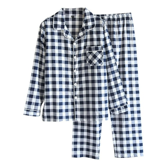 DuoJiaJ Ladies' Autumn Casual Long Sleeve And Long Pants Plaid Pajama Set With Lapel Cotton Nightwear For Women Blue