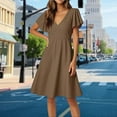 thumbnail image 3 of UoCefik Women's Ruffle Short Sleeve Deep V Neck A Line Swing Flared Cocktail Party Midi Dress Light Brown L, 3 of 4