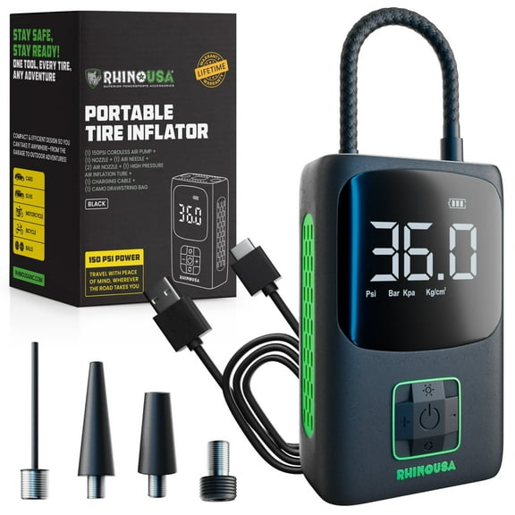 Rhino USA 150 PSI Tire Inflator Portable Air Compressor Upgraded Air Pump with Digital Pressure Gauge