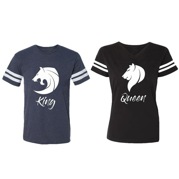 Tiger King Queen Matching Couple Cotton Jerseys (Men Navy / Women Black) (Men S / Women S)