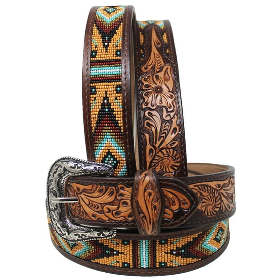 30  Western 1-1/2" Wide Floral Tooled Beaded Full-Grain Leather Belt 26RS23