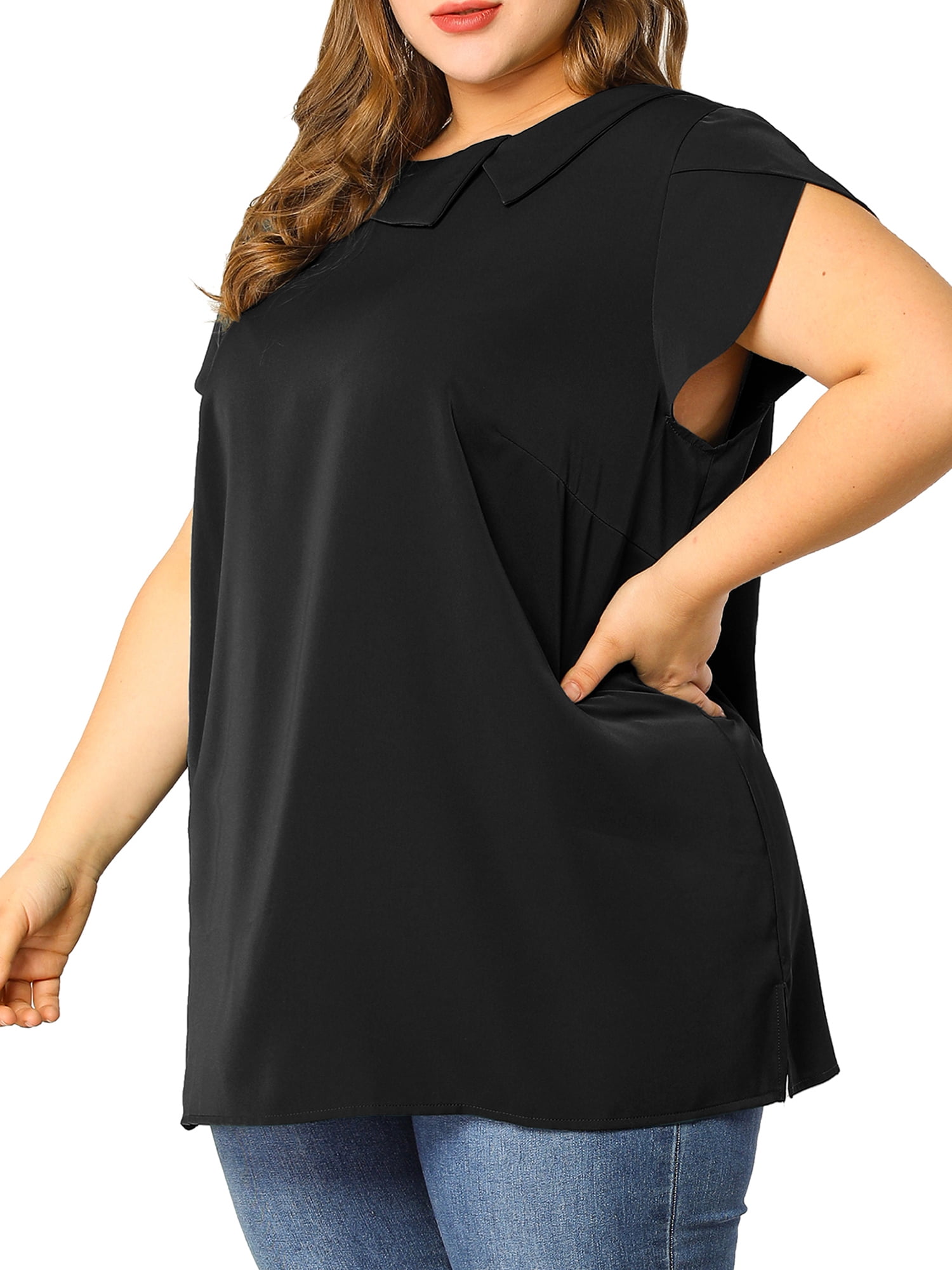 Unique Bargains Women's Plus Size Boat Neck Flutter Sleeve Chiffon Solid Top