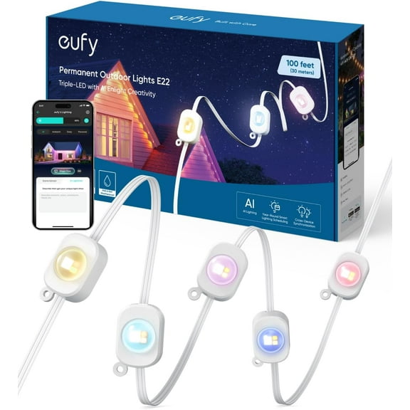 eufy Permanent Outdoor Lights E22, 100ft with 60 Triple-LED Lights, Smart RGBWW for Christmas, Daily and Holiday, IP67 Waterproof, AI Lighting Themes for Christmas Decorations, Links with Cameras