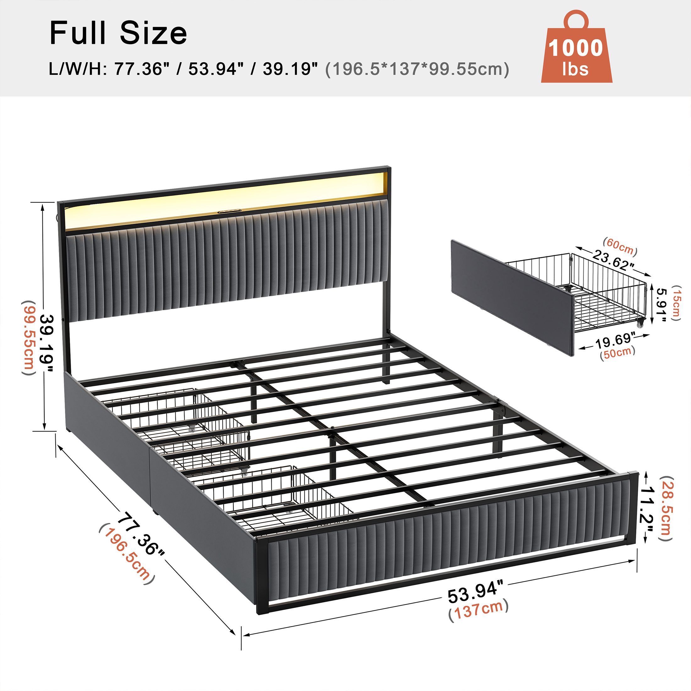 GUNAITO Full Size Bed Frame with Headboard, Platform Bed with 2 Drawers, Velvet Upholstered Bed Frame with LED Lights & Charging station，Dark Grey