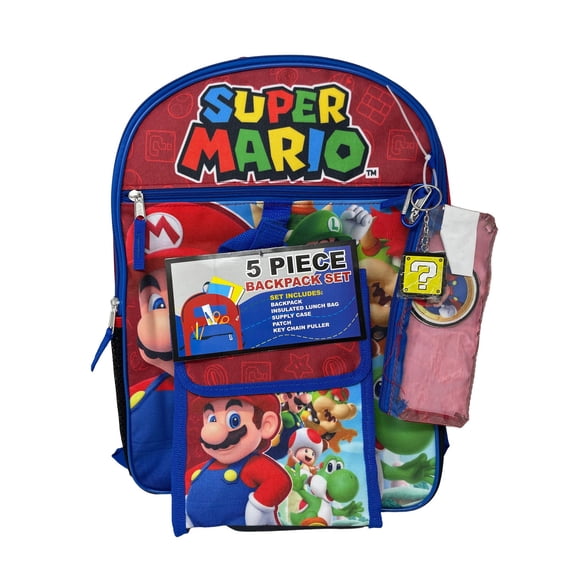 Super Mario 16" Backpack 5pc Set with Lunch Kit, Key Chain, Pencil Case & Carabiner