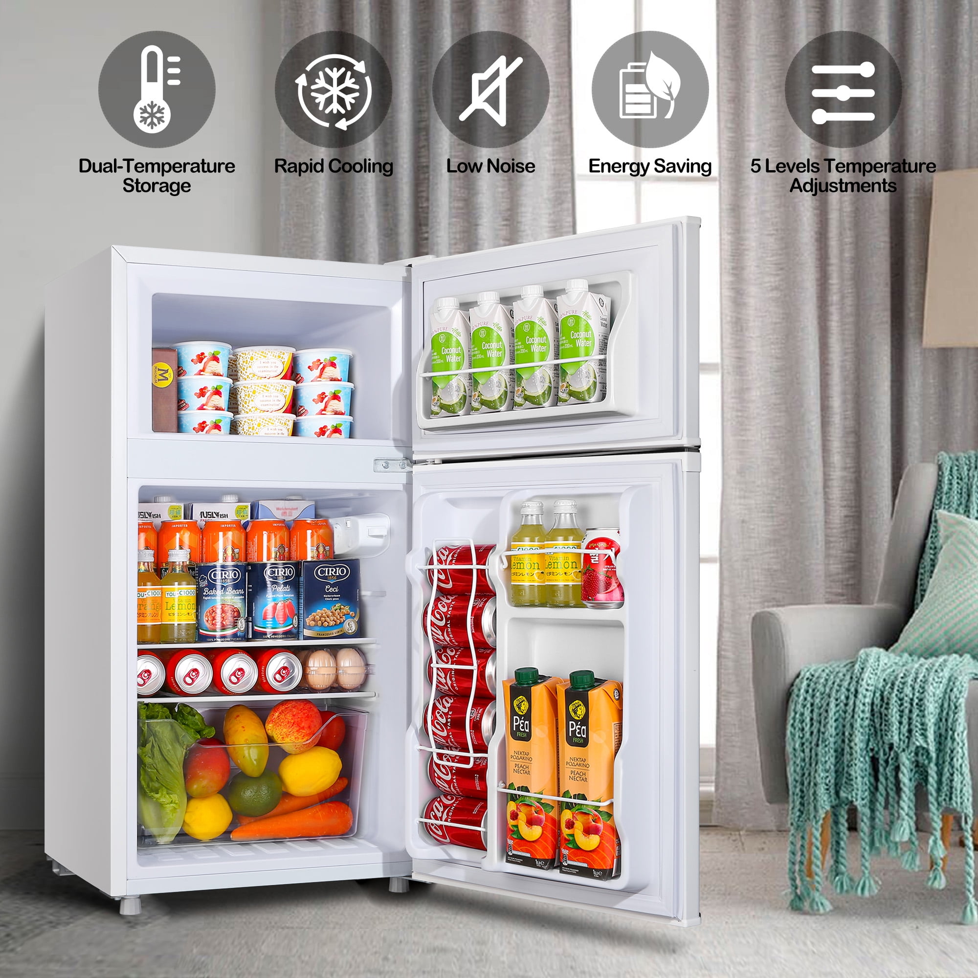 3.5Cu.ft Two Door Mini Fridge with Freezer,7 Adjustable Thermostat,17.9*17.5*34.7 inches,Apartment Size Refrigerator,White,New