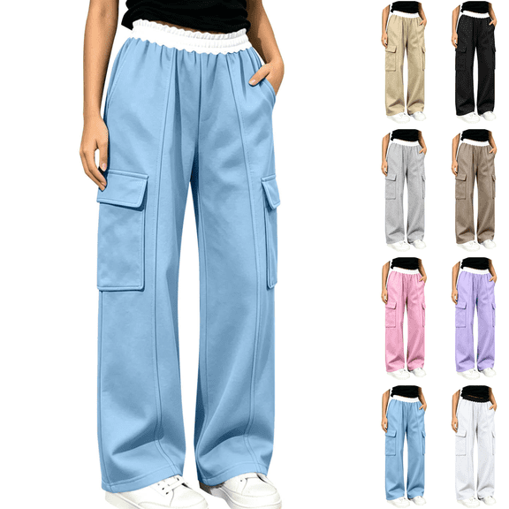 Sentuca Girls Sweatpants Wide Leg Contrast Ruffle Waist Cargo Pants with Pockets Sports Lounge Daily Casual Wear Trousers for Kids Size 7-8Y Sky Blue