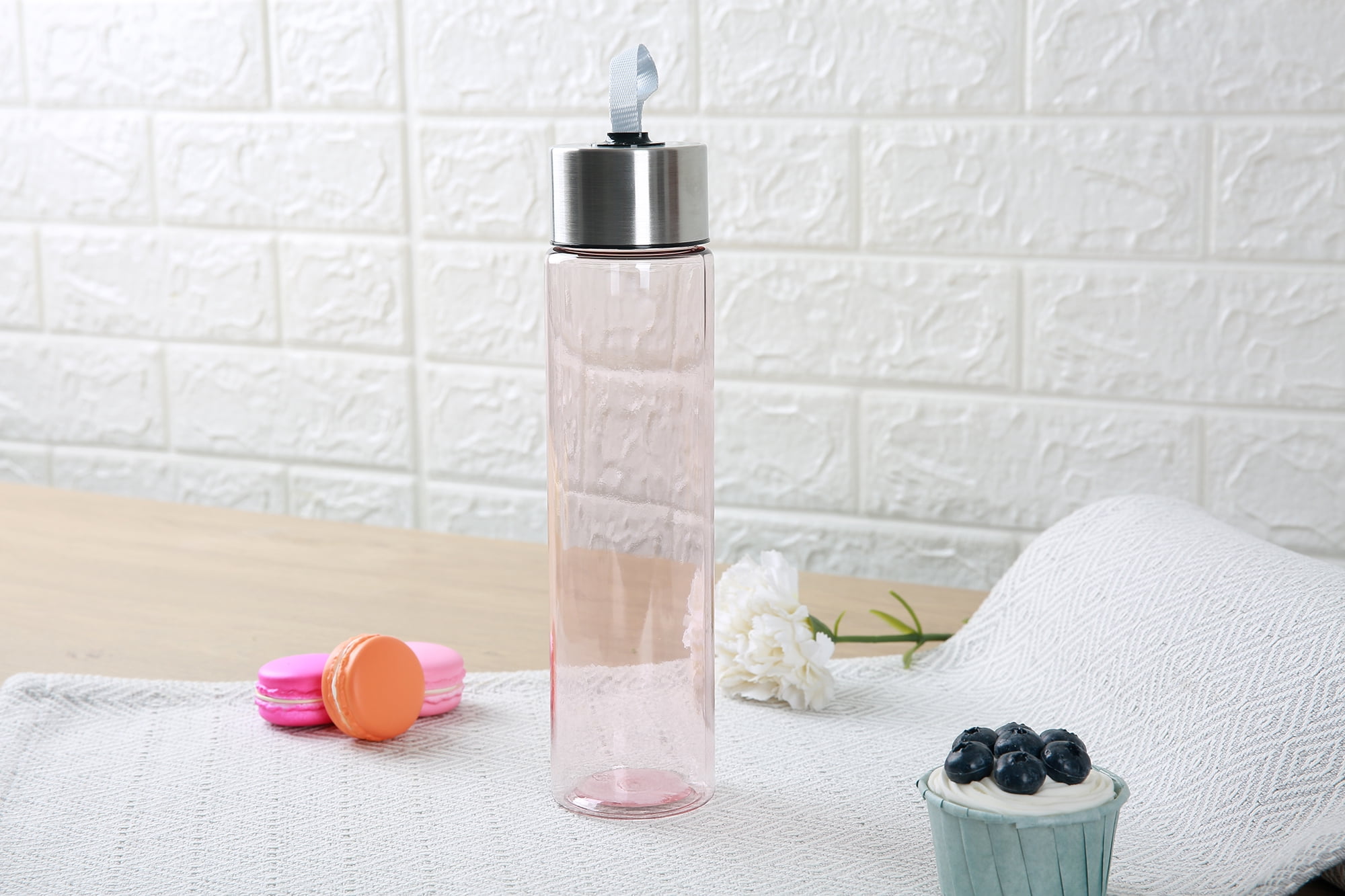 Mainstays 18oz Plastic Pink Water Bottle Stainless Steel Screw Cap Lid with Strap, 1 Each