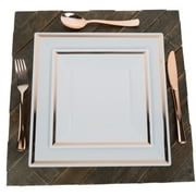 Exquisite Wedding & Party Dinnerware, Disposable Plastic Square Dinner Plates (9.5 Inch) - White with Rose Gold Rim - 40 Pack