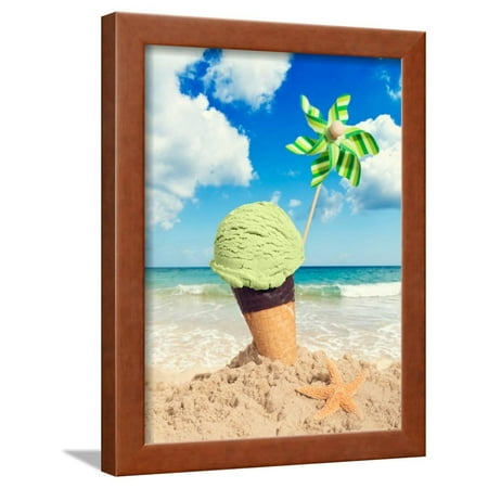 Mint Icecream in Chocolate Wafer Cone on the Beach - Vintage Tone Effect Added Framed Print Wall Art By