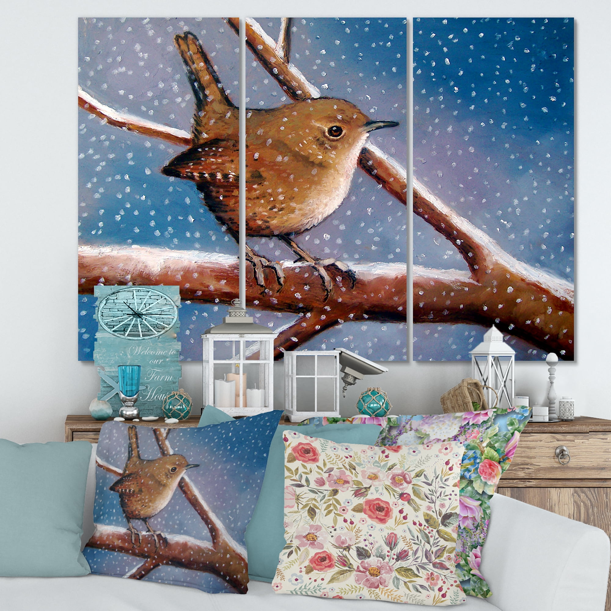 Designart ' Wren Bird On Branch In Winter ' Farmhouse Canvas Wall Art Print
