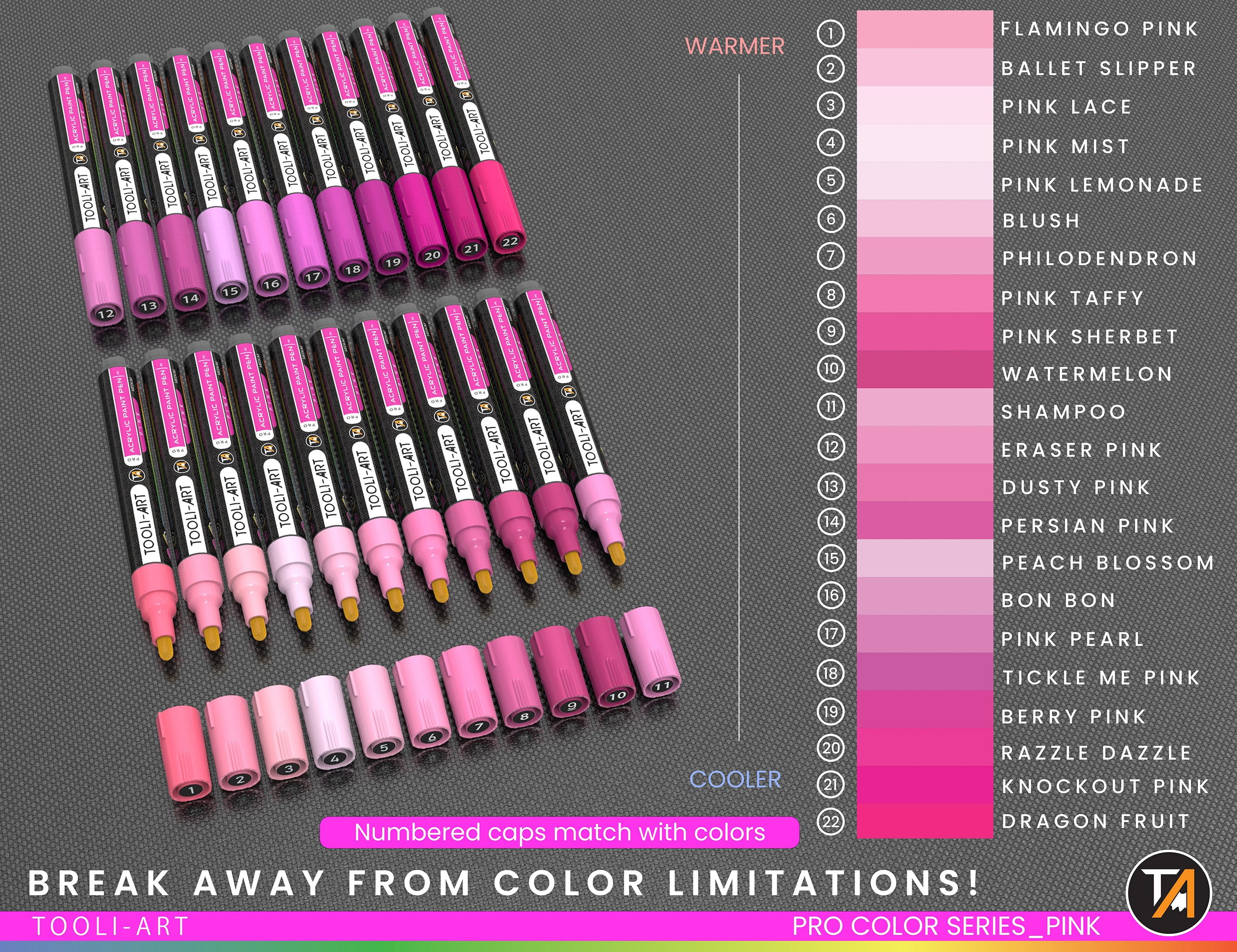22 Acrylic Paint Pens (PINKS) Pro Color Series Set (3mm MEDIUM)
