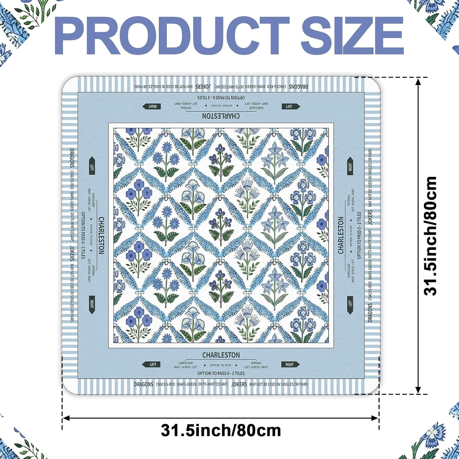 Tegeme Chinoiserie Mahjong Mat 31.5" x 31.5" Blue Purple Flower Mat Anti Slip and Noise Reduction Multi Purpose Game Table Cover Non-Slip Noise Reduction Gaming Rug for Mahjong Card Board Tile Games