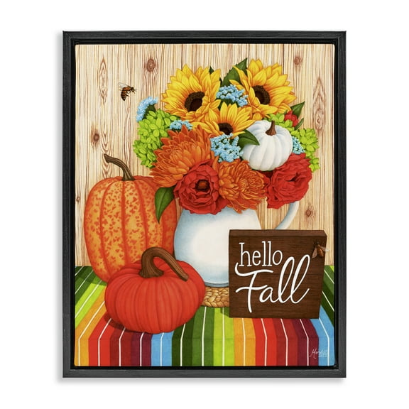 Stupell Industries Hello Fall Rainbow Pumpkins Holiday Painting Black Floater Framed Canvas Art Prints Wall Art, 17 x 21