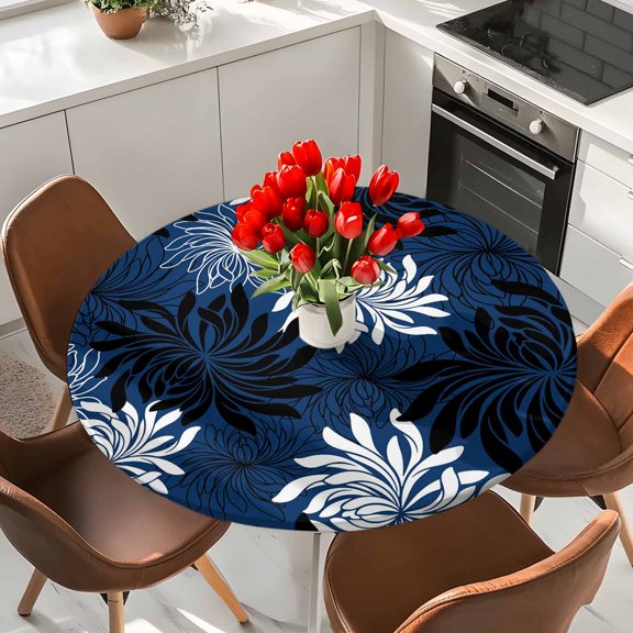 Line Flowers Texture Elastic Fitted Round Tablecloth Vintage Navy Blue Floral Waterproof Outdoor Table Cover for Holiday Party, Picnic, Patio & Dining Fits Tables Up to 55"-60"