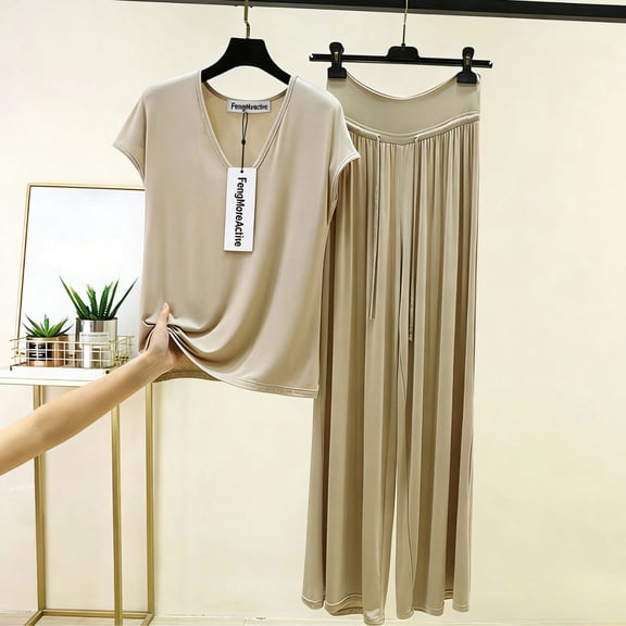 FengMoreActive Women's 2PC Pajamas Set V-Neck Tshirt And Wide Leg Pants Loose Sleepwear Suits Solid Color Casual Pajamas Sets