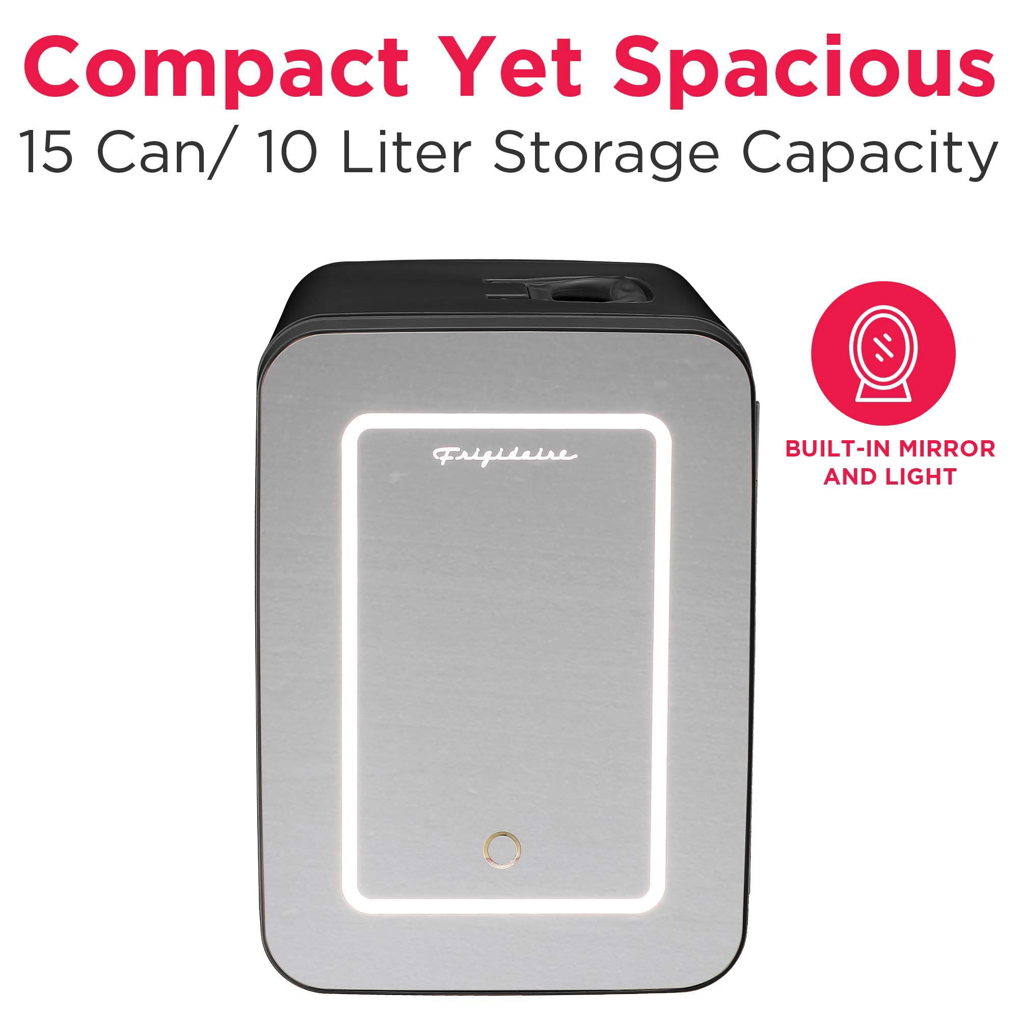 Frigidaire 6.5L 9-Can Mini Fridge with Lighted Mirror, Personal Cooler in Black