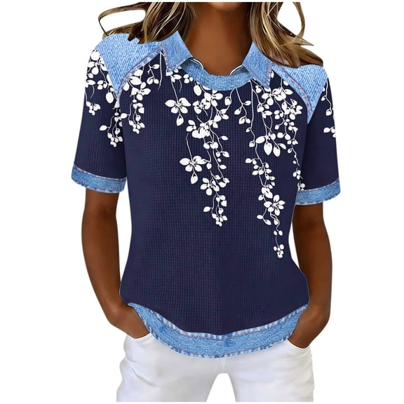 Cilsoka Women's Tops, Tees & Blouses Plus Size, Womens Short Sleeve Denim Patchwork Shirt Trendy Plaid Splicing Summer Tshirts Casual Collared Work Tunic Blouses 2026, Graphic Trendy Tees