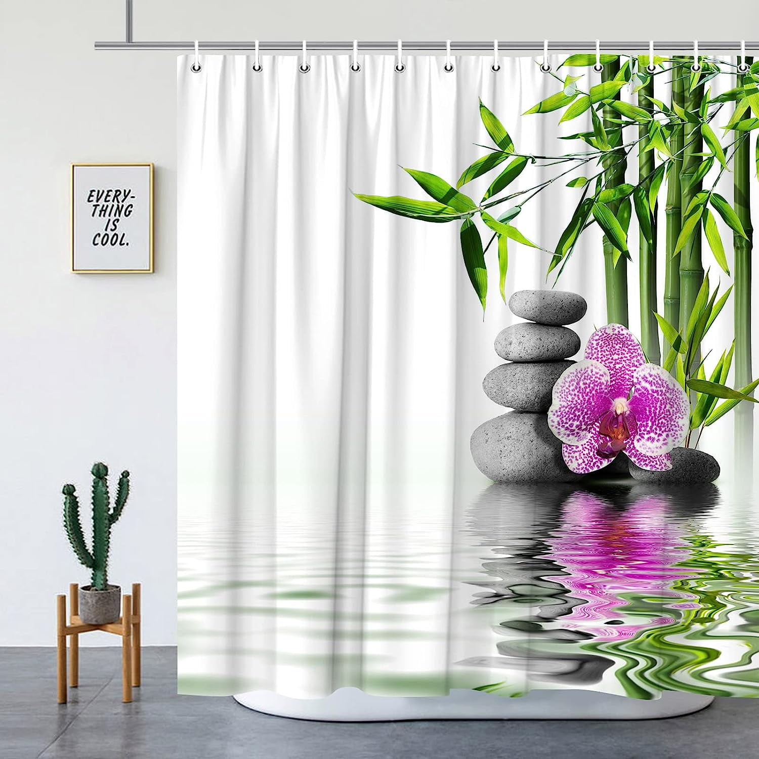 Zen Shower Curtain,Green Bamboo Purple Flower Stone Reflection Water