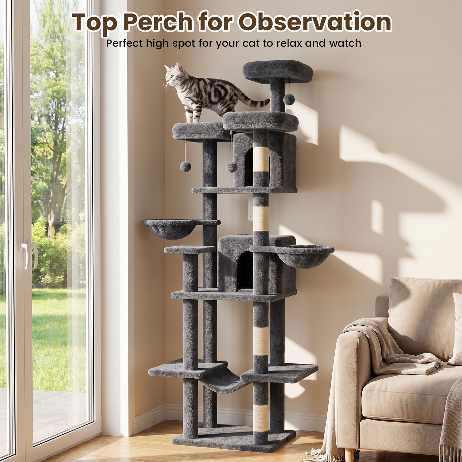 80" Cat Tree Tower, Big Cat Tower for Multiple Adult Cats, Multi-Level Tall Cat Tree with 3 Platforms, 2 Condos, 2 Hanging Basket, Hammock and Scratching Frame for Indoor Kitties, Dark Grey