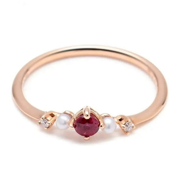 Round-Cut Lab-Created Ruby, Moissanite, and Natural Pearl Engagement Band Ring for Women in 925 Sterling Silver – Elegant Bridal Jewelry