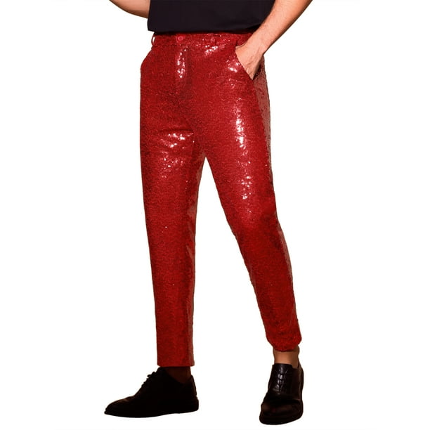 Pantalones Brillantes INSPIRE CHIC para Hombre, Pantalones de Lentejuelas Rectos para Noche de Discoteca de los 70, Talla 32, Rojo
