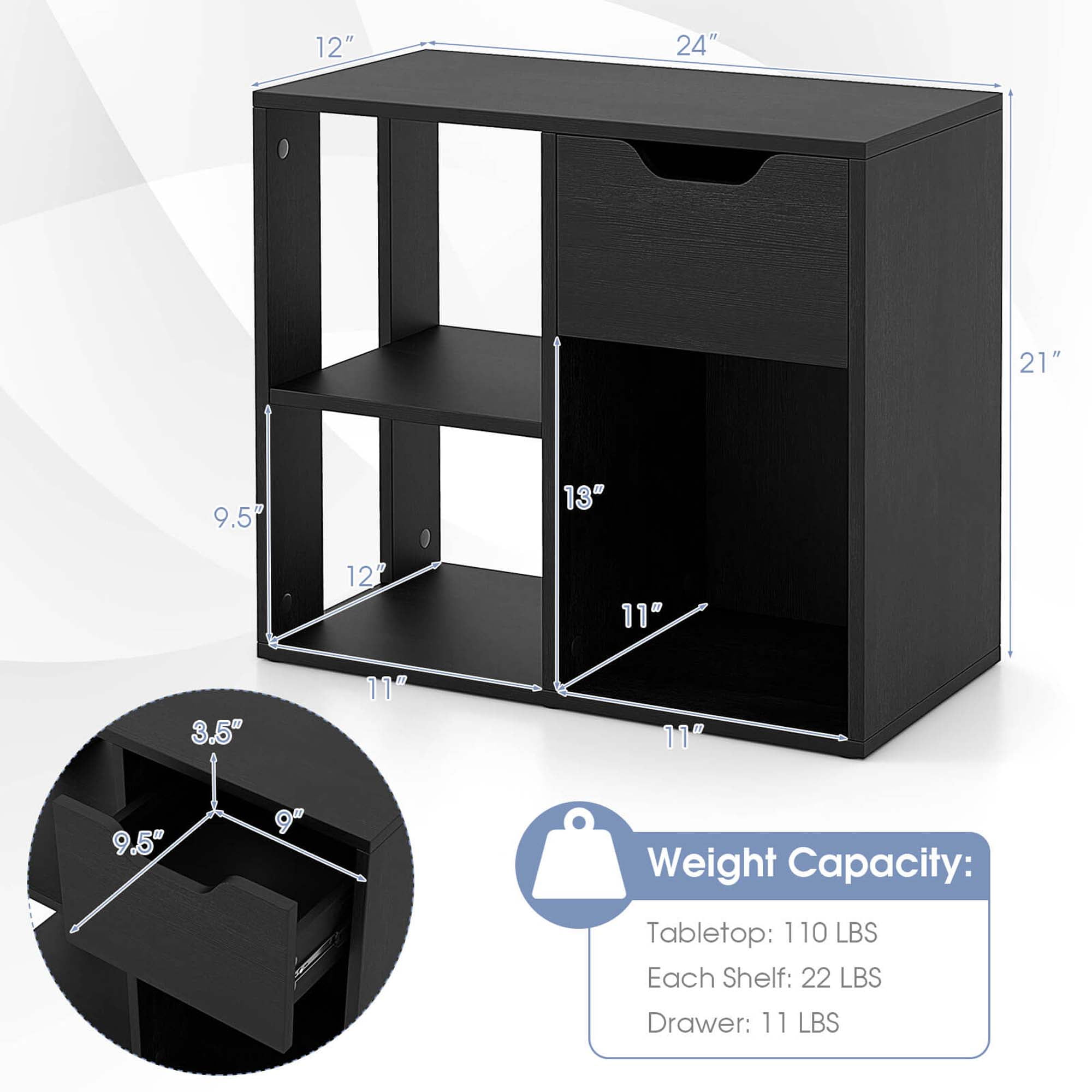Costway 1 PCS 3-Cube Bookcase Organizer with 2-tier Wooden Storage Shelf & Pull-out Drawer