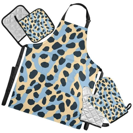 Ryvnso Leopard Blue-h1 Kitchen Apron Oven Mitts Set Pot Holders