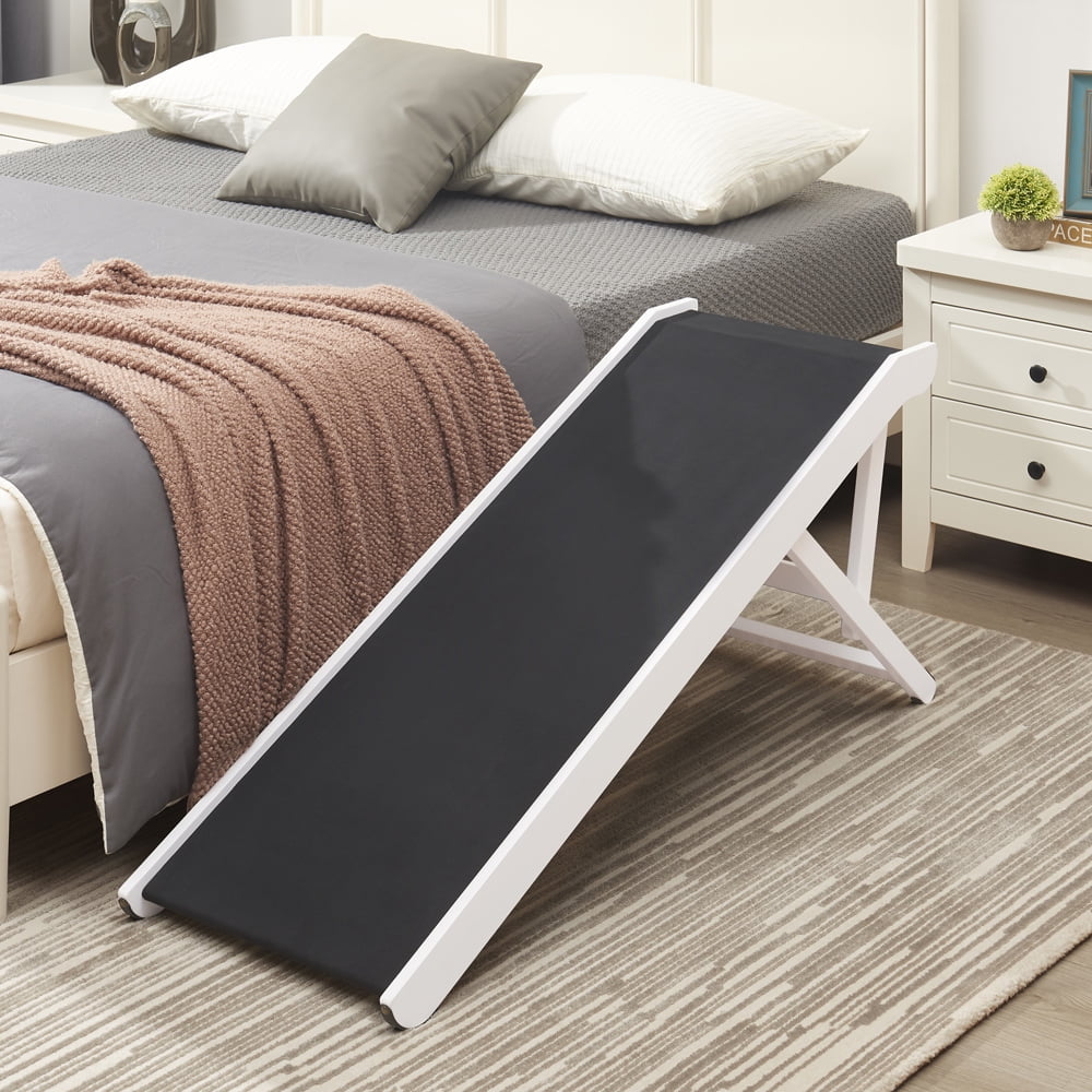 Unipaws Foldable Wooden Pet Ramp with Adjustable Height, Dog Ramp to Reach High Bed and Couch, Durable Pet Ladder with Updated Non-Slip Yoga Mat for Dog and Cat, White