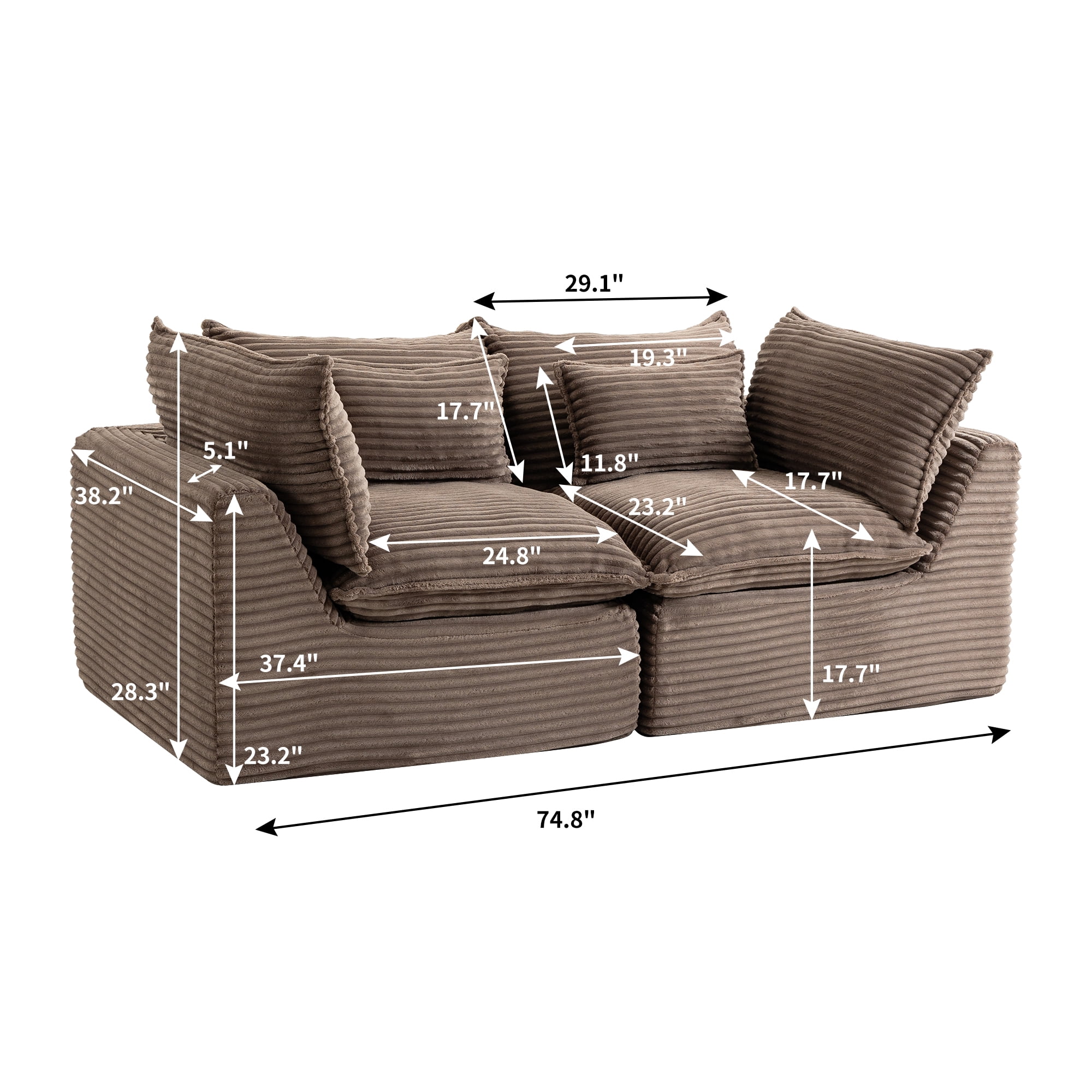 74.8" 2-Seat Cloud Couch Oversized Modular Sectional Sofa,Comfy Deep Seat Corduroy Sofa for Living Room,khaki